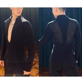 Men youth black mesh back latin ballroom dance shirts modern waltz tango flamenco dance tops for man